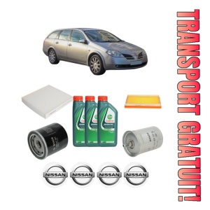 Set Pachet filtre revizie Bosch, 3 litrii ulei Castrol 10W40 NISSAN PRIMERA Hatchback (P12) 1.6 din 2002-2006, 4x Stickere auto cu NISSAN
