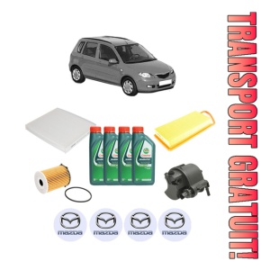 Set Pachet filtre revizie Bosch, 4 litrii ulei Castrol 10W40 MAZDA 2 (DY) 1.4 CD din 2003-2007, 4x Stickere auto cu MAZDA