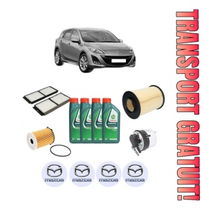 Set Pachet filtre revizie Bosch, 4 litrii ulei Castrol 10W40 MAZDA 3 (BL) 1.6 MZ-CD (BL14) din 2008-2013, 4x Stickere auto cu MAZDA