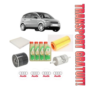 Set Pachet filtre revizie Bosch, 4 litrii ulei Castrol 5W30 AUDI A2 (8Z0) 1.6 FSI din 2002-2005, 4x Stickere auto cu AUDI