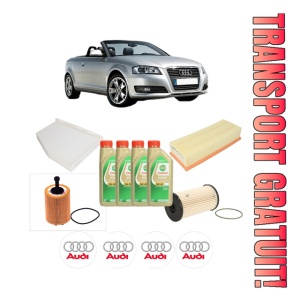 Set Pachet filtre revizie Bosch, 4 litrii ulei Castrol 5W30 AUDI A3 Convertible (8P7) 2.0 TDI din 2008-2013, 4x Stickere auto cu AUDI