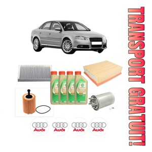 Set Pachet filtre revizie Bosch, 4 litrii ulei Castrol 5W30 AUDI A4 B7 (8EC) 2.0 TDI din 2004-2008, 4x Stickere auto cu AUDI