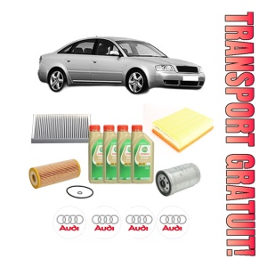 Set Pachet filtre revizie Bosch, 4 litrii ulei Castrol 5W30 AUDI A6 C5 (4B2, 4B4) 1.9 TDI din 2000-2005, 4x Stickere auto cu AUDI