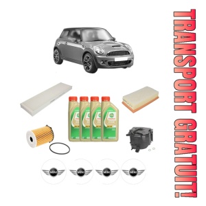 Set Pachet filtre revizie Bosch, 4 litrii ulei Castrol 5W30 MINI MINI (R56) One D din 2009-2010, 4x Stickere auto cu MINI