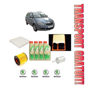 Set Pachet filtre revizie Bosch, 4 litrii ulei Castrol 5W30 SKODA FABIA II Combi (545) 1.6 din 2007-2014, 4x Stickere auto cu SKODA