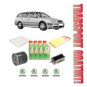 Set Pachet filtre revizie Bosch, 4 litrii ulei Castrol 5W30 SKODA Octavia I Combi (1U5) 1.4 16V din 2000-2010, 4x Stickere auto cu SKODA