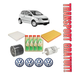 Set Pachet filtre revizie Bosch, 4 litrii ulei Castrol 5W30 Volkswagen FOX Hatchback (5Z1, 5Z3, 5Z4) 1.4 din 2005-2009, 4x Stickere auto cu Volkswagen