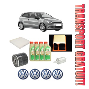 Set Pachet filtre revizie Bosch, 4 litrii ulei Castrol 5W30 Volkswagen POLO V (6R1, 6C1) 1.4 BiFuel din 2010-2011, 4x Stickere auto cu Volkswagen