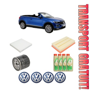 Set Pachet filtre revizie Bosch, 4 litrii ulei Castrol 5W30 Volkswagen T-ROC Convertible (AC7, AC8) 1.0 TSI din 2019, 4x Stickere auto cu Volkswagen