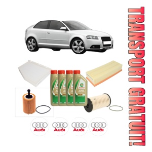 Set Pachet filtre revizie Bosch, 4 litrii ulei Castrol 5W40 AUDI A3 (8P1) 2.0 TDI 16V din 2003-2012, 4x Stickere auto cu AUDI