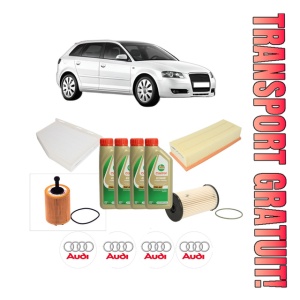 Set Pachet filtre revizie Bosch, 4 litrii ulei Castrol 5W40 AUDI A3 Sportback (8PA) 2.0 TDI din 2004-2013, 4x Stickere auto cu AUDI
