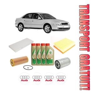 Set Pachet filtre revizie Bosch, 4 litrii ulei Castrol 5W40 AUDI A4 B5 (8D2) 1.9 TDI quattro din 2000, 4x Stickere auto cu AUDI