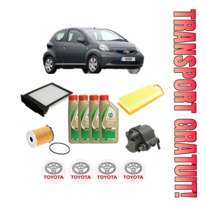 Set Pachet filtre revizie Bosch, 4 litrii ulei Castrol 5W40 TOYOTA AYGO (_B1_) 1.4 D-4D (WNB10_, WNB10R) din 2005-2010, 4x Stickere auto cu TOYOTA
