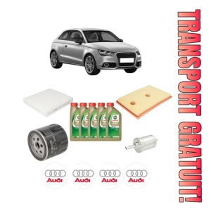 Set Pachet filtre revizie Bosch, 5 litrii ulei Castrol 0W20 AUDI A1 (8X1, 8XK) 1.4 TFSI din 2014-2018, 4x Stickere auto cu AUDI