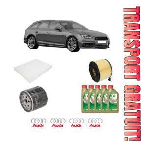 Set Pachet filtre revizie Bosch, 5 litrii ulei Castrol 0W20 AUDI A4 B9 Avant (8W5, 8WD) 1.4 TFSI din 2016-2019, 4x Stickere auto cu AUDI