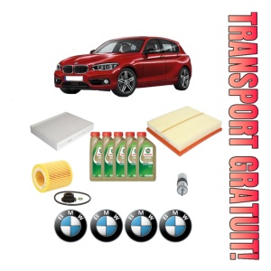 Set Pachet filtre revizie Bosch, 5 litrii ulei Castrol 0W20 BMW Seria 1 (F20) 125 i din 2012-2017, 4x Stickere auto cu BMW
