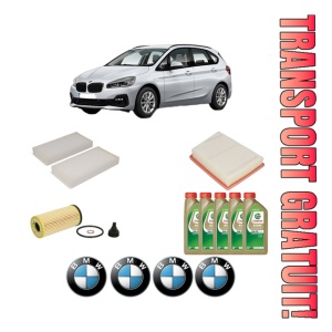 Set Pachet filtre revizie Bosch, 5 litrii ulei Castrol 0W20 BMW Seria 2 Active Tourer (F45) 216 i din 2015-2018, 4x Stickere auto cu BMW