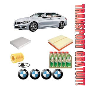 Set Pachet filtre revizie Bosch, 5 litrii ulei Castrol 0W20 BMW Seria 4 Gran Coupe (F36) 428 i xDrive din 2014-2016, 4x Stickere auto cu BMW