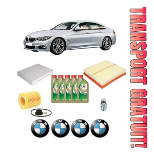 Set Pachet filtre revizie Bosch, 5 litrii ulei Castrol 0W20 BMW Seria 4 Gran Coupe (F36) 420 i din 2014-2017, 4x Stickere auto cu BMW
