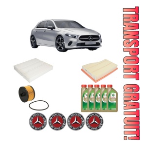 Set Pachet filtre revizie Bosch, 5 litrii ulei Castrol 0W20 MERCEDES-BENZ A-CLASS (W177) A 250 e (177.086) din 2019, 4x Stickere auto cu MERCEDES-BENZ
