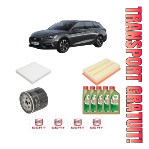 Set Pachet filtre revizie Bosch, 5 litrii ulei Castrol 0W20 SEAT LEON Sportstourer (KL8, KLD) 1.5 TSI din 2020, 4x Stickere auto cu SEAT