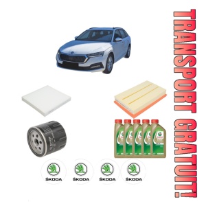 Set Pachet filtre revizie Bosch, 5 litrii ulei Castrol 0W20 SKODA Octavia IV Combi (NX5, PV5) 1.5 TSI din 2019, 4x Stickere auto cu SKODA