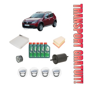 Set Pachet filtre revizie Bosch, 5 litrii ulei Castrol 10W40 DACIA SANDERO 1.6 16V Bifuel din 2011, 4x Stickere auto cu DACIA