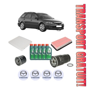 Set Pachet filtre revizie Bosch, 5 litrii ulei Castrol 10W40 MAZDA 6 Station Wagon (GY) 2.0 DI (GY19) din 2002-2005, 4x Stickere auto cu MAZDA