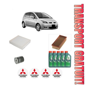 Set Pachet filtre revizie Bosch, 5 litrii ulei Castrol 10W40 MITSUBISHI COLT VI (Z3_A, Z2_A) 1.3 Flexfuel (Z35A) din 2008-2012, 4x Stickere auto cu MITSUBISHI