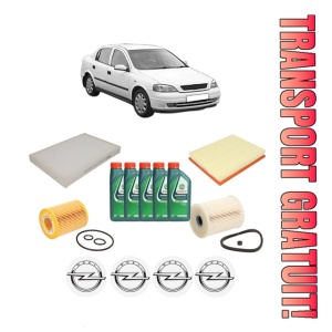 Set Pachet filtre revizie Bosch, 5 litrii ulei Castrol 10W40 OPEL ASTRA G Saloon (T98) 1.7 DTI 16V (F69) din 2000-2005, 4x Stickere auto cu OPEL