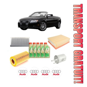 Set Pachet filtre revizie Bosch, 5 litrii ulei Castrol 5W30 AUDI A4 B7 Convertible (8HE) 2.0 TFSI 16V din 2006-2009, 4x Stickere auto cu AUDI