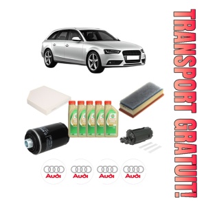 Set Pachet filtre revizie Bosch, 5 litrii ulei Castrol 5W30 AUDI A4 B8 Avant (8K5) 2.0 TFSI din 2008-2015, 4x Stickere auto cu AUDI