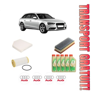 Set Pachet filtre revizie Bosch, 5 litrii ulei Castrol 5W30 AUDI A4 B8 Avant (8K5) 1.8 TFSI quattro din 2011-2015, 4x Stickere auto cu AUDI