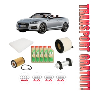 Set Pachet filtre revizie Bosch, 5 litrii ulei Castrol 5W30 AUDI A5 Convertible (F57, F5E) 2.0 TDI din 2016-2019, 4x Stickere auto cu AUDI
