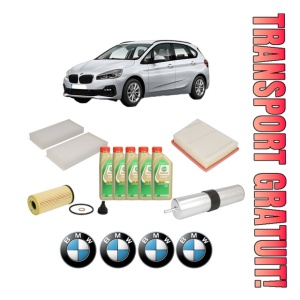 Set Pachet filtre revizie Bosch, 5 litrii ulei Castrol 5W30 BMW Seria 2 Active Tourer (F45) 214 d din 2014-2018, 4x Stickere auto cu BMW