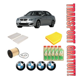 Set Pachet filtre revizie Bosch, 5 litrii ulei Castrol 5W30 BMW Seria 5 (E60) 520 i din 2006-2010, 4x Stickere auto cu BMW