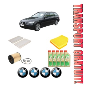 Set Pachet filtre revizie Bosch, 5 litrii ulei Castrol 5W30 BMW Seria 5 Touring (E61) 520 i din 2007-2010, 4x Stickere auto cu BMW