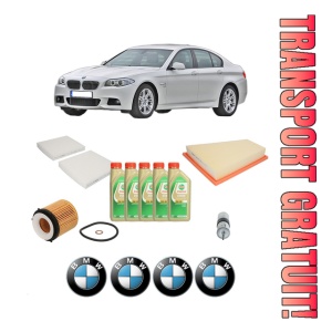 Set Pachet filtre revizie Bosch, 5 litrii ulei Castrol 5W30 BMW Seria 5 (F10) 528 i xDrive din 2011-2016, 4x Stickere auto cu BMW