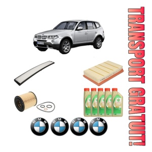 Set Pachet filtre revizie Bosch, 5 litrii ulei Castrol 5W30 BMW Seria X3 (E83) xDrive 20 i din 2008-2011, 4x Stickere auto cu BMW
