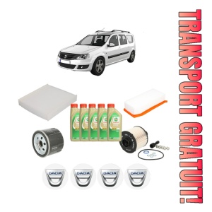 Set Pachet filtre revizie Bosch, 5 litrii ulei Castrol 5W30 DACIA LOGAN MCV II 1.5 dCi din 2013, 4x Stickere auto cu DACIA