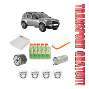 Set Pachet filtre revizie Bosch, 5 litrii ulei Castrol 5W30 DACIA DUSTER (HS_) 1.5 dCi (HSMC) din 2010-2018, 4x Stickere auto cu DACIA
