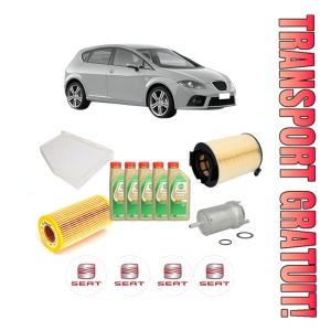 Set Pachet filtre revizie Bosch, 5 litrii ulei Castrol 5W30 SEAT LEON (1P1) 2.0 FSI din 2005-2010, 4x Stickere auto cu SEAT