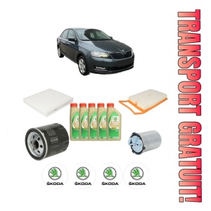 Set Pachet filtre revizie Bosch, 5 litrii ulei Castrol 5W30 SKODA RAPID (NH3, NK3, NK6) 1.4 TDI din 2015-2019, 4x Stickere auto cu SKODA