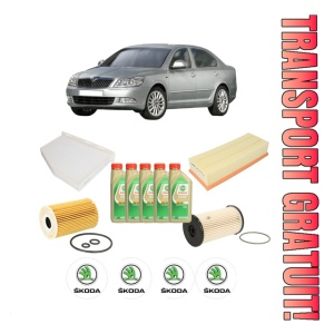 Set Pachet filtre revizie Bosch, 5 litrii ulei Castrol 5W30 SKODA Octavia II (1Z3) 1.6 TDI din 2009-2013, 4x Stickere auto cu SKODA