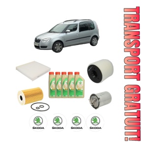 Set Pachet filtre revizie Bosch, 5 litrii ulei Castrol 5W30 SKODA ROOMSTER Praktik (5J) 1.6 TDI din 2010-2015, 4x Stickere auto cu SKODA