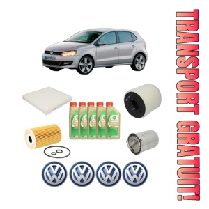 Set Pachet filtre revizie Bosch, 5 litrii ulei Castrol 5W30 Volkswagen POLO Van V (6R1, 6C1) 1.6 TDi BlueMotion din 2009-2014, 4x Stickere auto cu Volkswagen