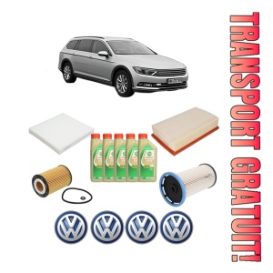 Set Pachet filtre revizie Bosch, 5 litrii ulei Castrol 5W30 Volkswagen PASSAT ALLTRACK B8 Variant (3G5, CB5) 2.0 TDI 4motion din 2015-2016, 4x Stickere auto cu Volkswagen
