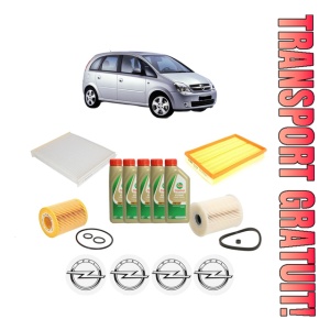 Set Pachet filtre revizie Bosch, 5 litrii ulei Castrol 5W40 OPEL MERIVA A MPV (X03) 1.7 DTI (E75) din 2003-2010, 4x Stickere auto cu OPEL