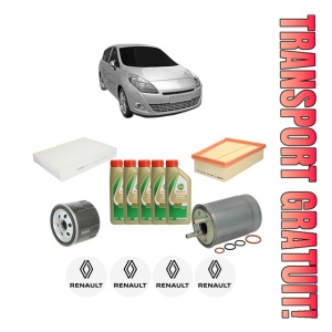 Set Pachet filtre revizie Bosch, 5 litrii ulei Castrol 5W40 RENAULT SCENIC III VAN (JZ0/1_) 1.5 dCi (JZ0D, JZ1M, JZ09, JZ14, JZ1G, JZ1W, JZ10) din 2009-2016, 4x Stickere auto cu RENAULT