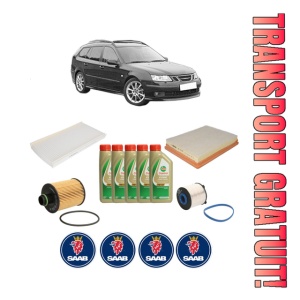 Set Pachet filtre revizie Bosch, 5 litrii ulei Castrol 5W40 SAAB 9-3 Estate (E50) 1.9 TTiD din 2007-2015, 4x Stickere auto cu SAAB
